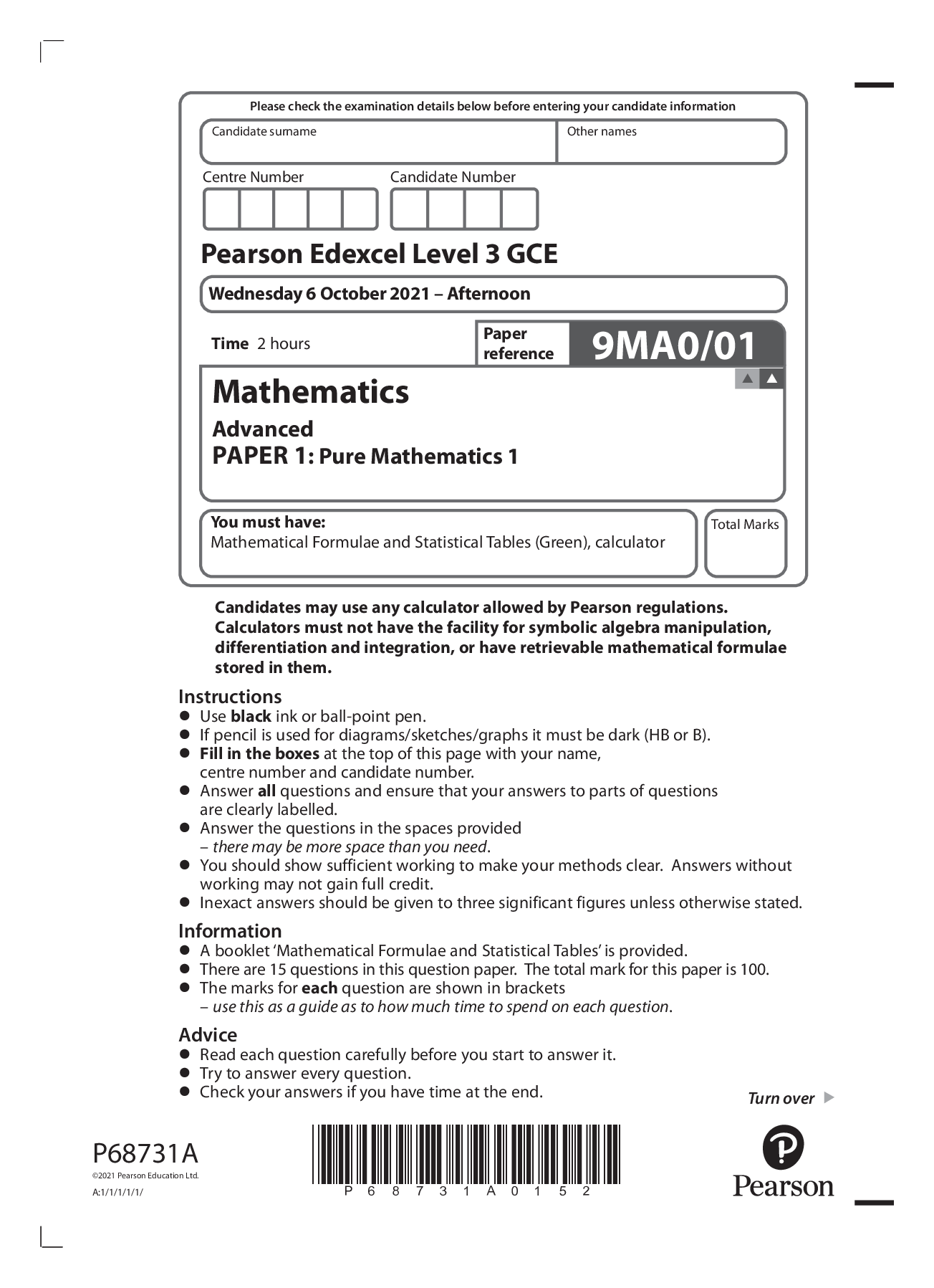 Preview image for Pearson Edexcel GCE Question Booklet + Mark Scheme (Results) November 2021 Mathematics Pure 1 Paper 9MA0/01